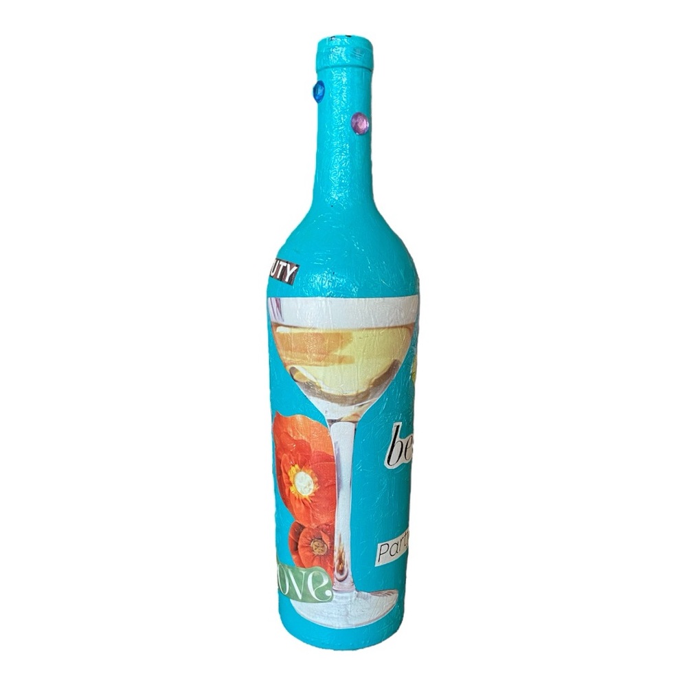Handmade Turquoise Butterfly Decoupage Wine Bottle Home Decor 12” - Picture 2 of 6